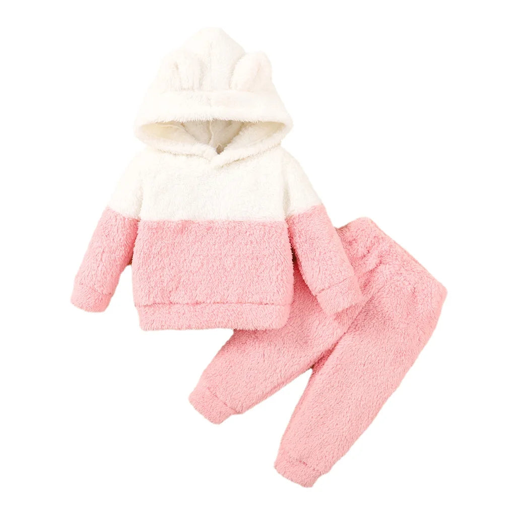 2PCS Fluffy Hooded Baby Girl Winter Outfit – Hoodie & Pants Set for 0–2 Years