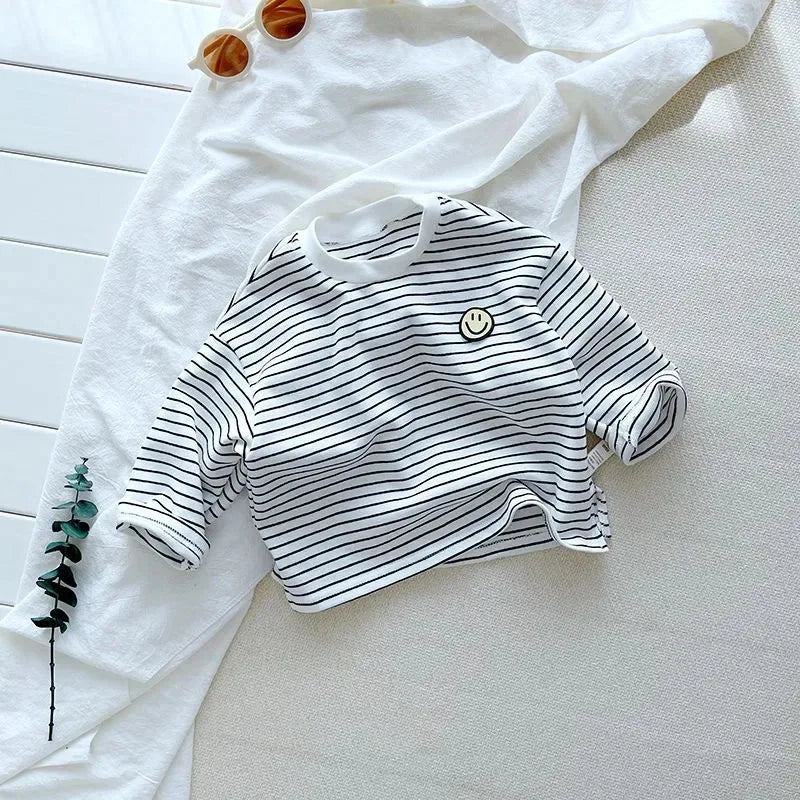 Child Long Sleeve T-Shirt – Korean Style Loose Fit Striped Crewneck for Boys & Girls