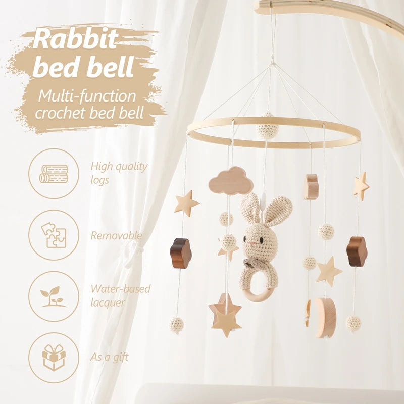 Baby Wooden Crib Mobile with Cartoon Rabbit Rattles | Bed Bell Toy & Arm Bracket for Newborns