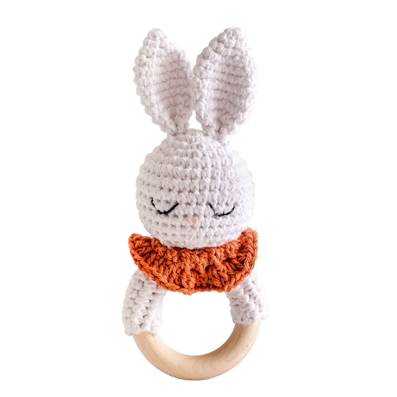 Baby Rattle – Crochet Animal Bear with Wooden Teether Ring | Soft Montessori Pram Toy for Newborns