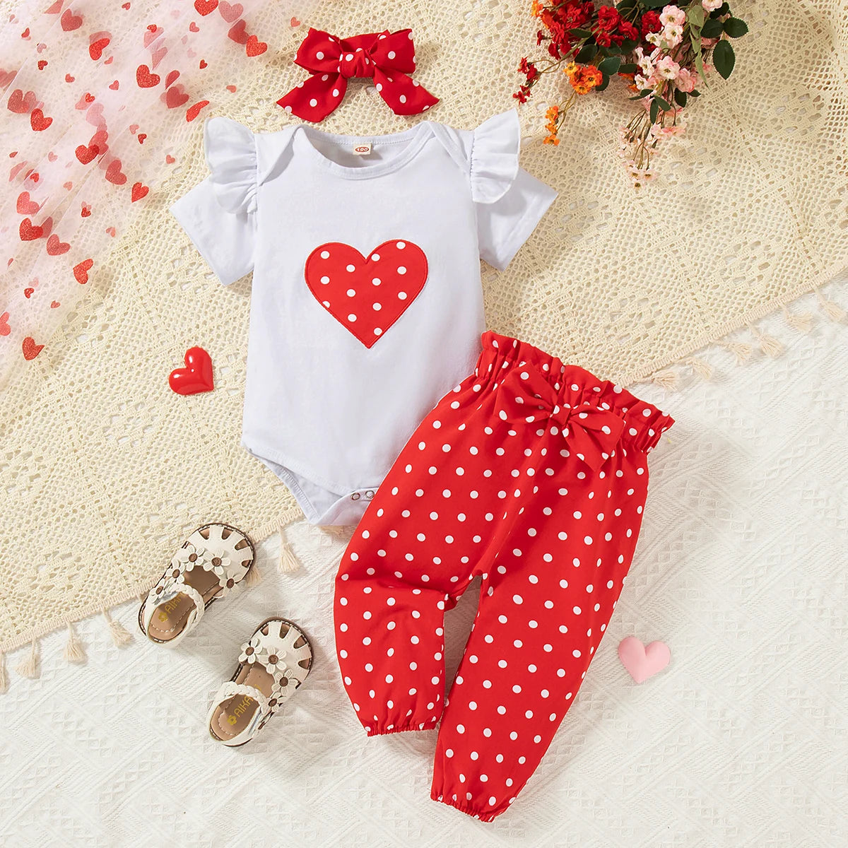 3PCS Baby Girl Outfit – Heart Romper, Pants & Headband Set (0–18 Months)
