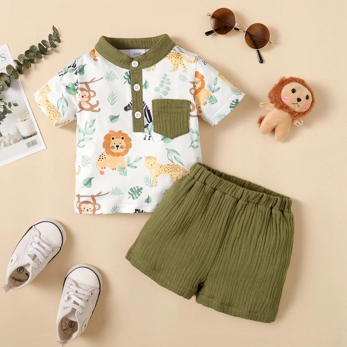 2PCS Baby Boy Gentleman Outfit with Animal Print Shirt and Shorts 3–24 Months