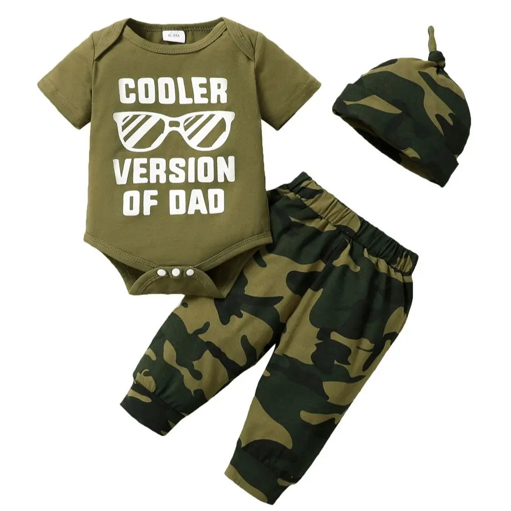 3PCS Baby Boy Camouflage Outfit with Letter Print Romper and Hat – 0–18 Months