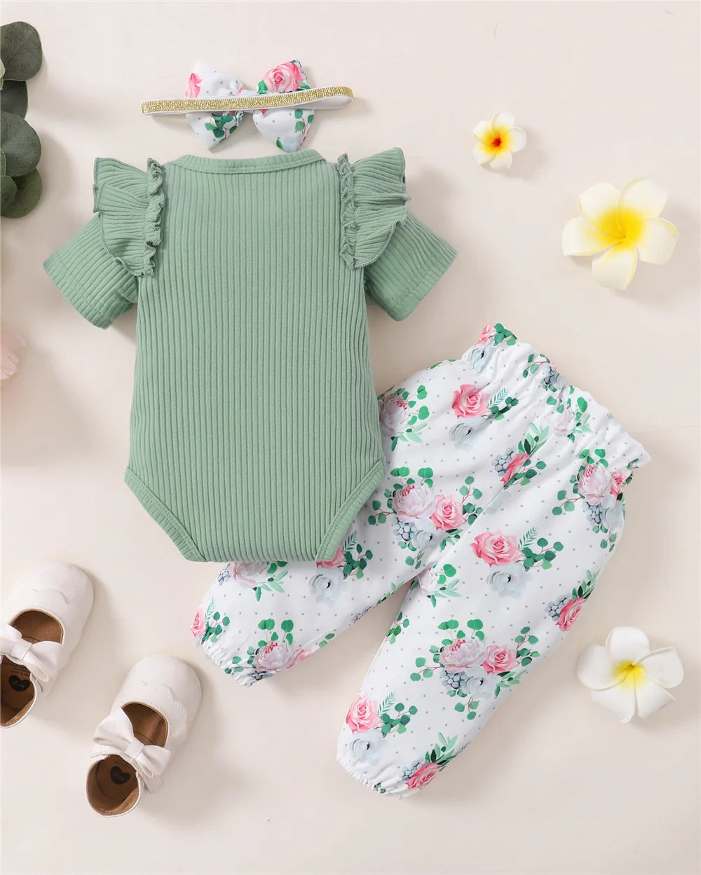 3PCS Summer Baby Girl Outfit – Letter Romper, Floral Pants & Bow Headband Set