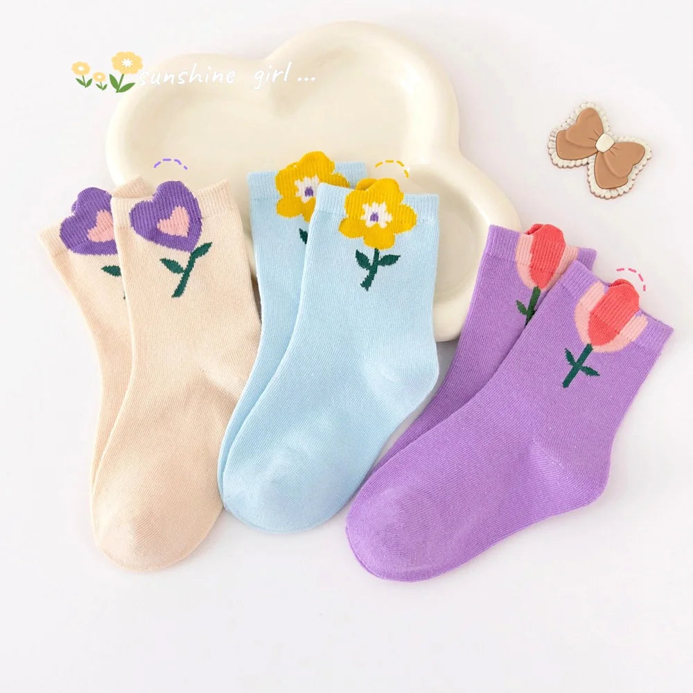 5 Pairs Girls Floral Socks – Cute Breathable Cartoon Flower Pattern Kids Socks for 1–12Y