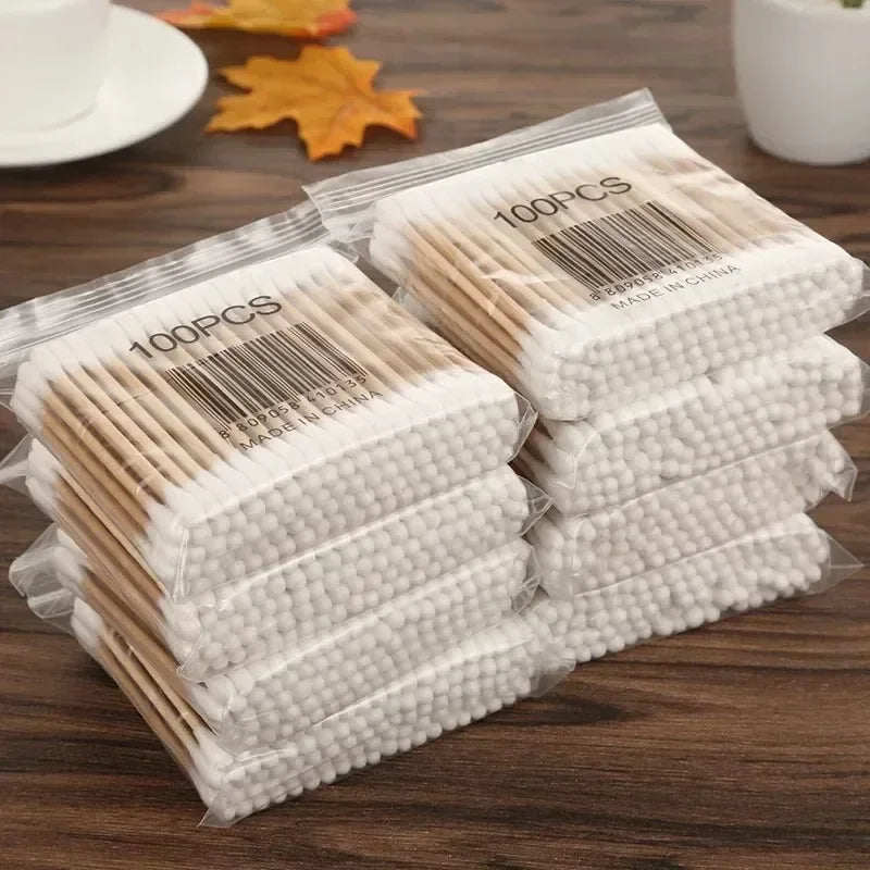 500Pcs Baby Double-Ended Cotton Swabs – Wooden Stick Ear & Skin Cleaning Tools (5 Packs)