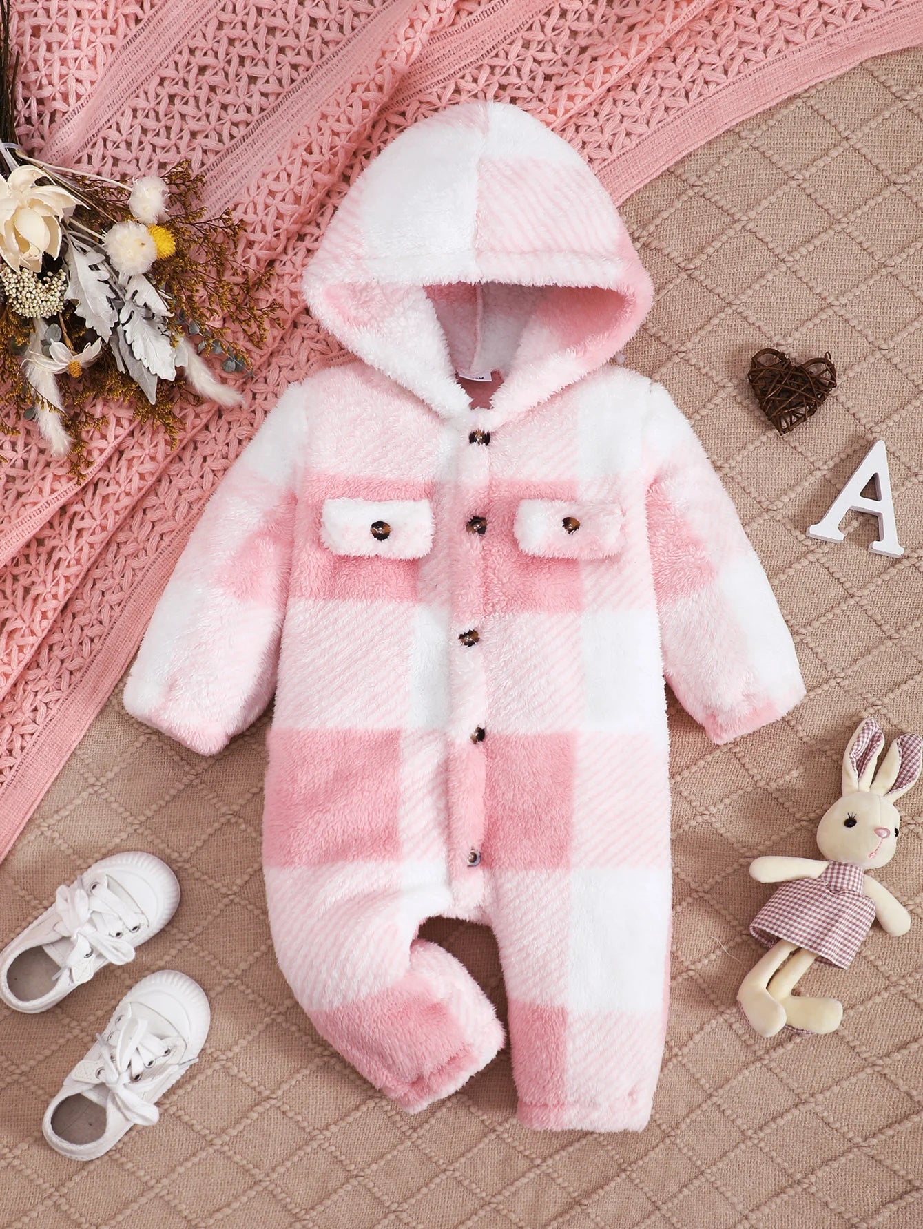 Baby Girl Plush Hooded Jumpsuit – Winter Checkered Romper (0–24M)