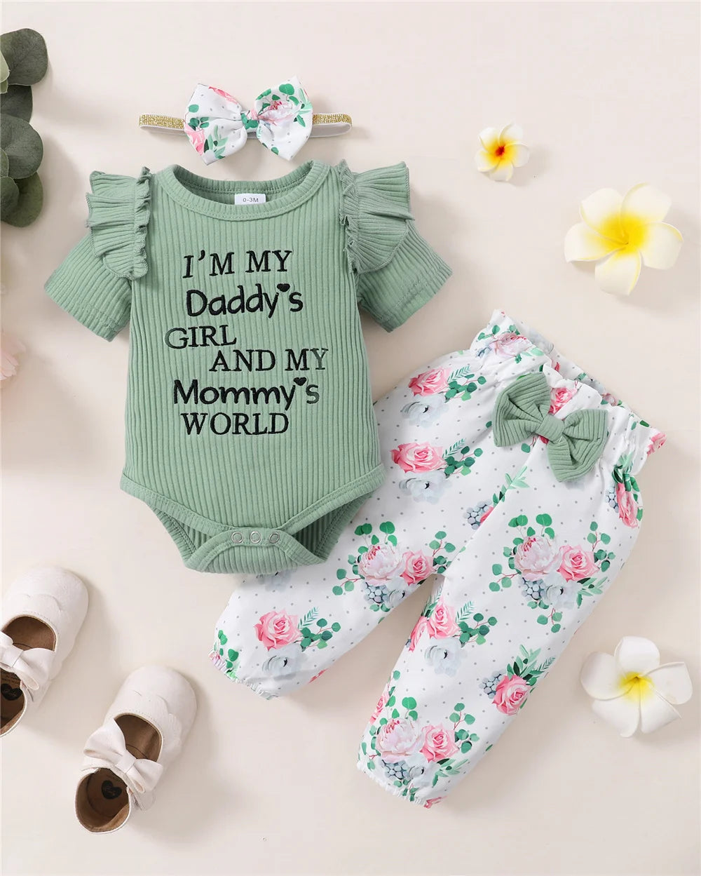 3PCS Summer Baby Girl Outfit – Letter Romper, Floral Pants & Bow Headband Set