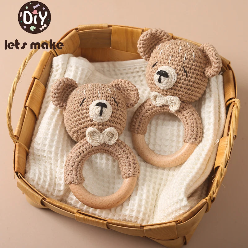 Baby Rattle – Crochet Animal Bear with Wooden Teether Ring | Soft Montessori Pram Toy for Newborns