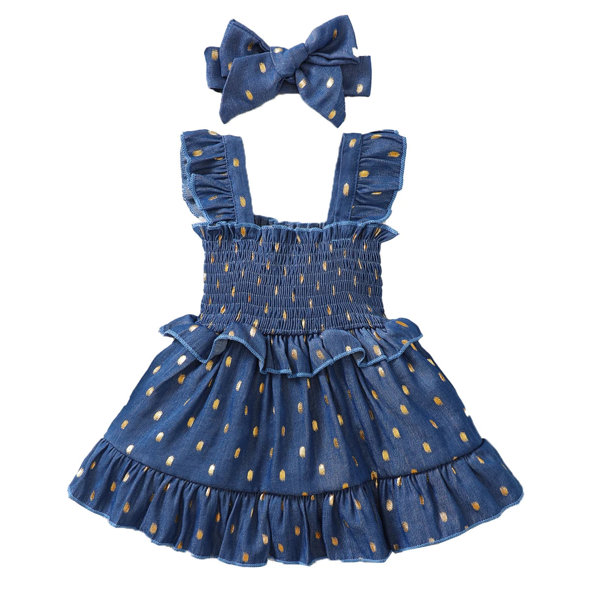 Baby Girl Blue Dress with Golden Dots & Headband – 2PCS Summer Party Outfit (3–24M)