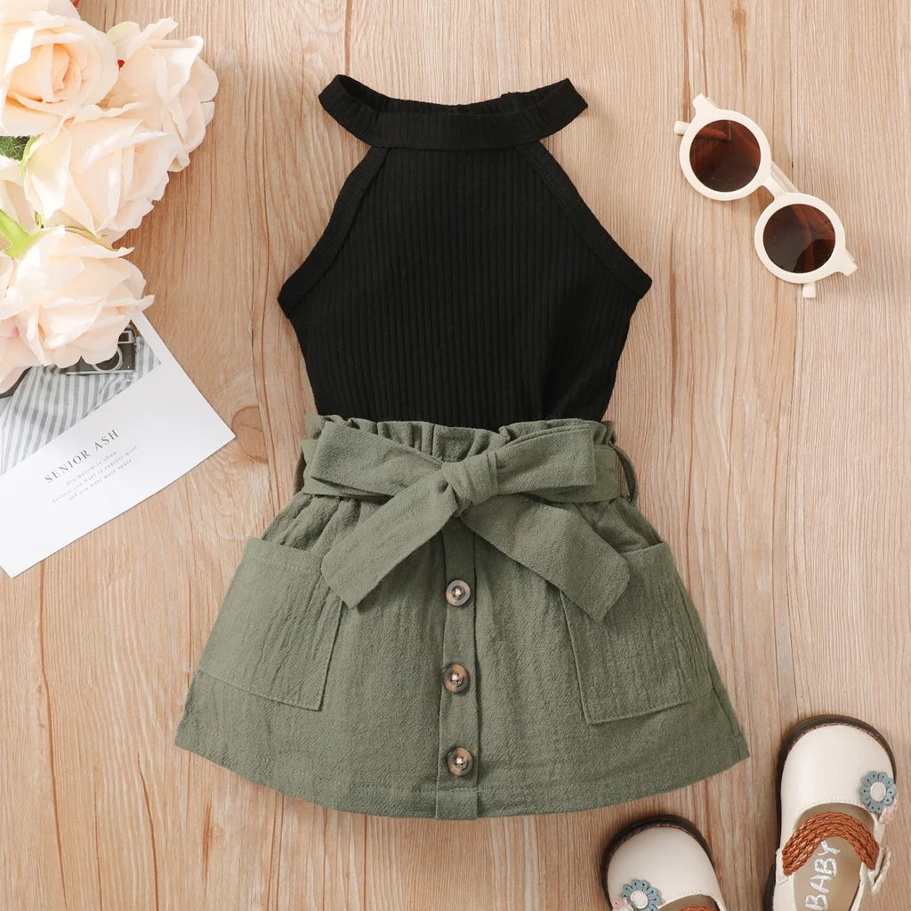 2PCS Ribbed Halter Top & Skirt Summer Outfit for Baby Girls – 3–24 Months