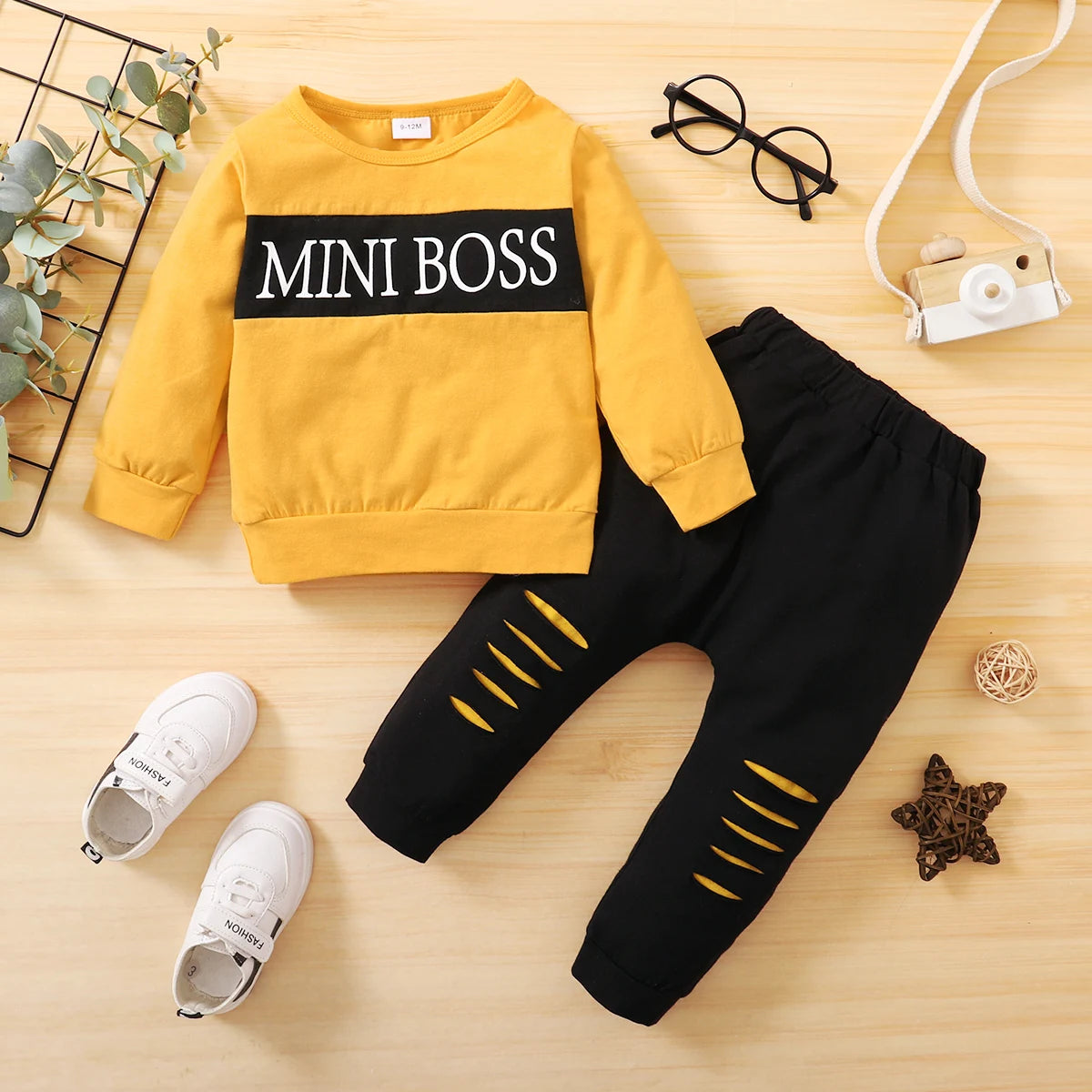 2PCS Baby Boy Letter Print Outfit – Long Sleeve Top and Pants Set for Spring Wear