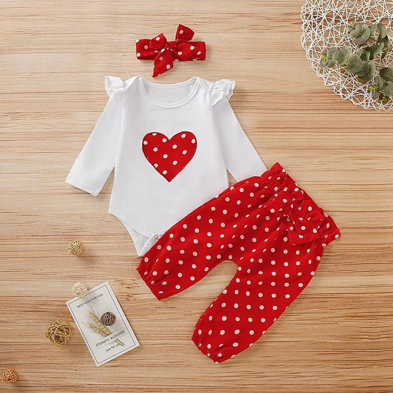3PCS Baby Girl Outfit – Heart Romper, Pants & Headband Set (0–18 Months)