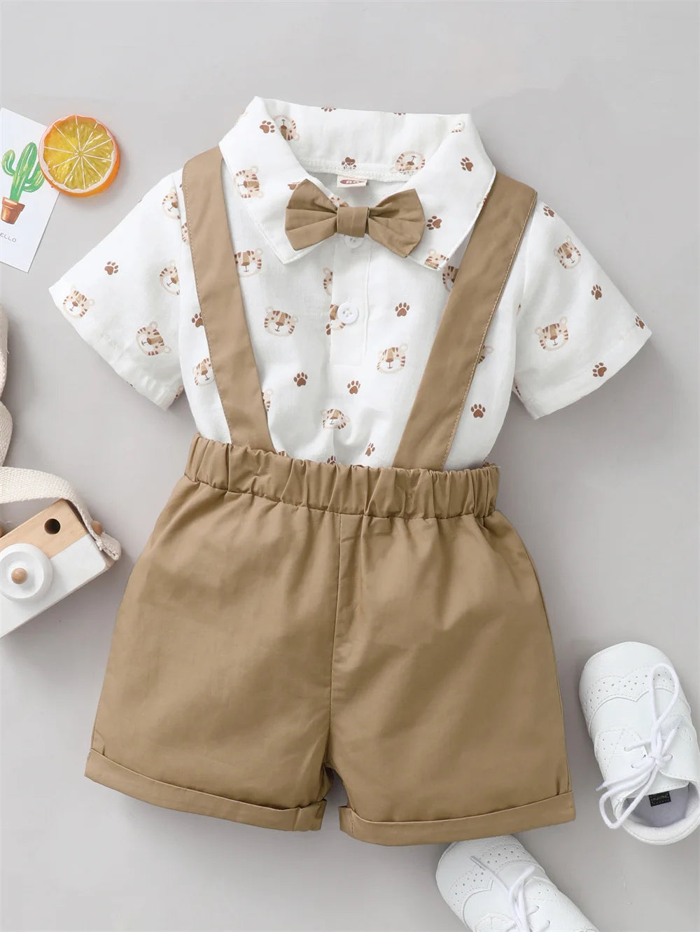 2PCS Toddler Boy Outfit – Tiger Shirt & Strap Shorts Birthday Set (0–2 Years)