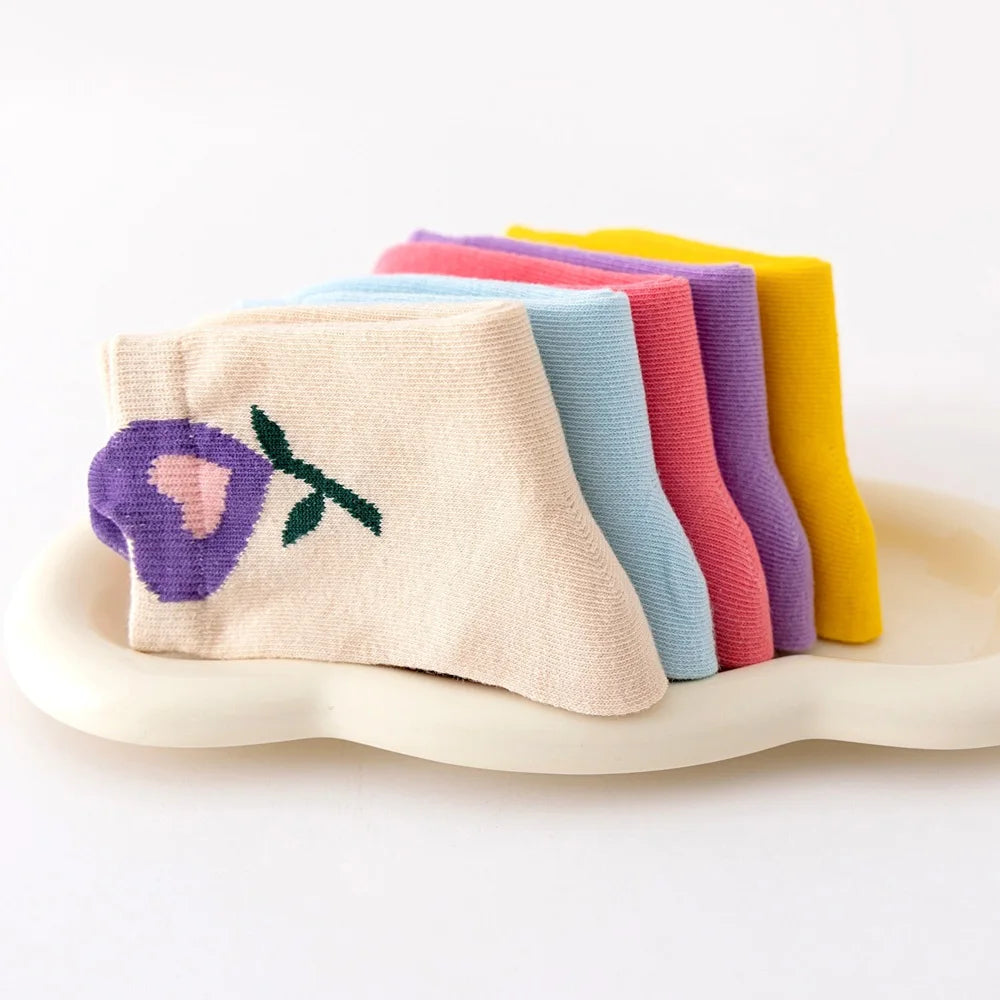 5 Pairs Girls Floral Socks – Cute Breathable Cartoon Flower Pattern Kids Socks for 1–12Y