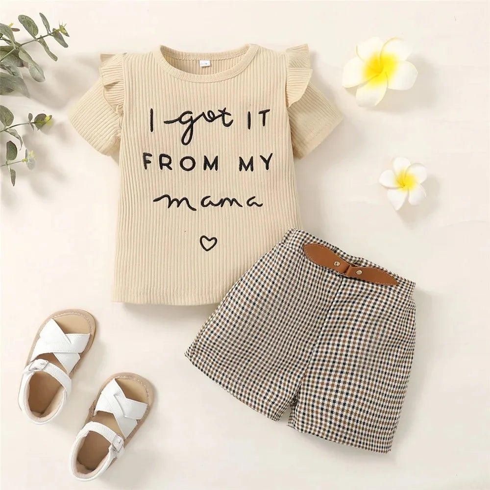 2PCS Summer Outfit for Toddler Girls – Letter Print Top and Checkered Shorts Set