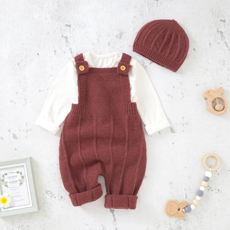 Knitted Baby Romper & Hat Set – Sleeveless Winter Jumpsuit for Boys & Girls