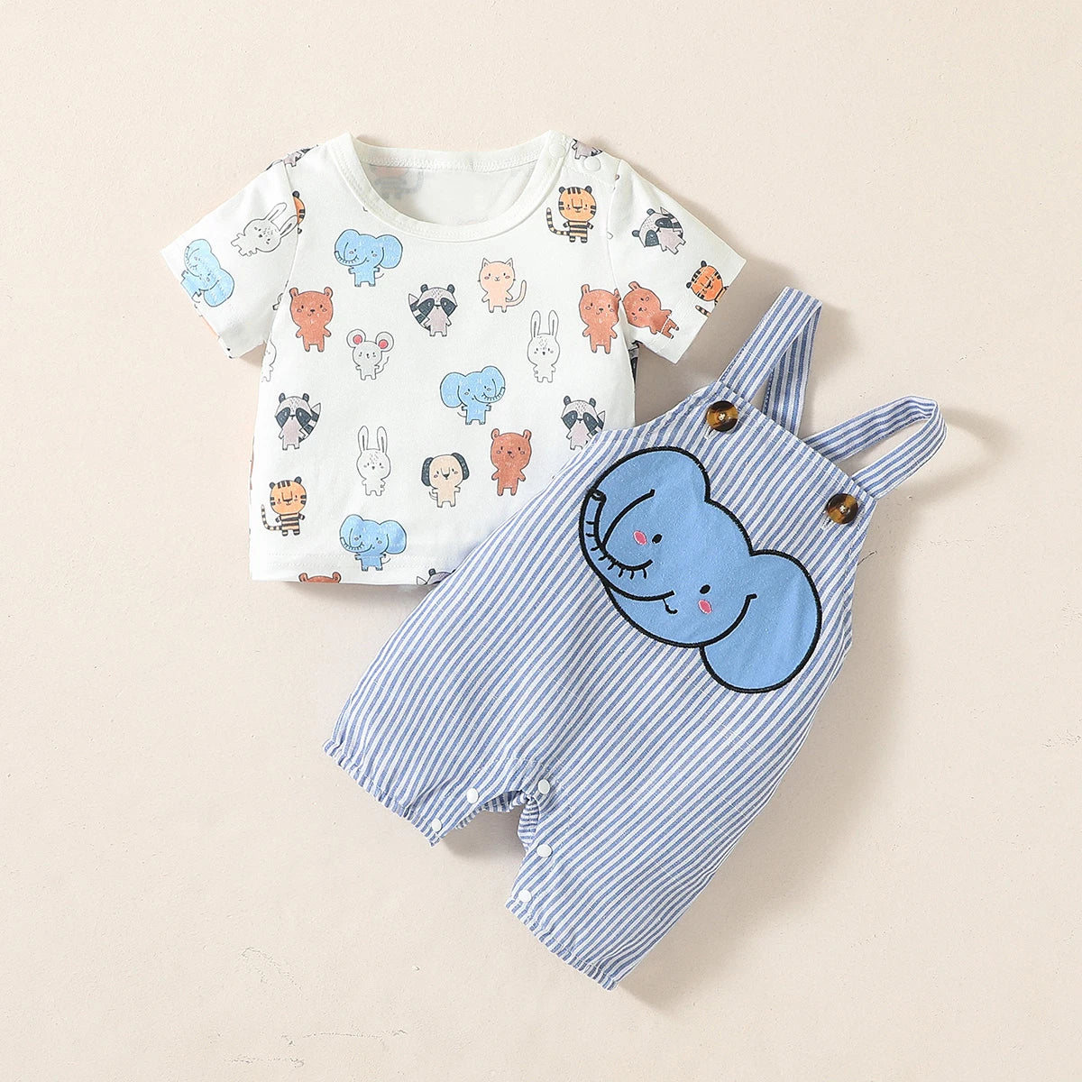 2PCS Baby Boys Cartoon Suspenders Outfit – Short Sleeve Summer Set for Newborn to 6 Months
