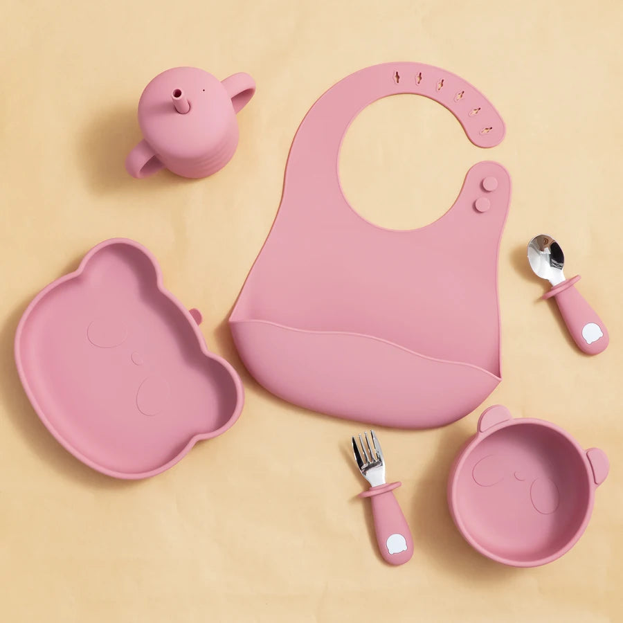 Cartoon Bear Baby Spoon and Fork Set – BPA-Free Silicone & Stainless Steel Utensils for Weaning