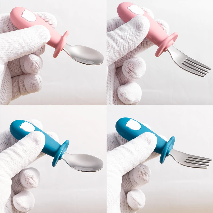 Cartoon Bear Baby Spoon and Fork Set – BPA-Free Silicone & Stainless Steel Utensils for Weaning