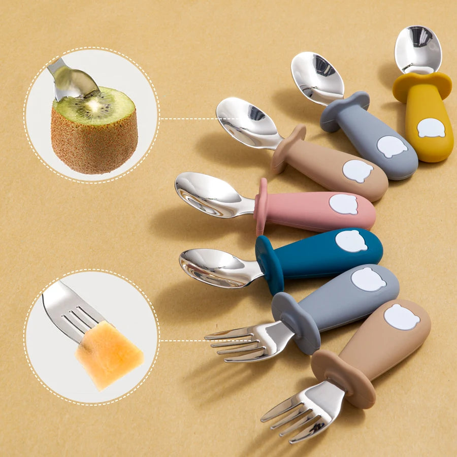Cartoon Bear Baby Spoon and Fork Set – BPA-Free Silicone & Stainless Steel Utensils for Weaning