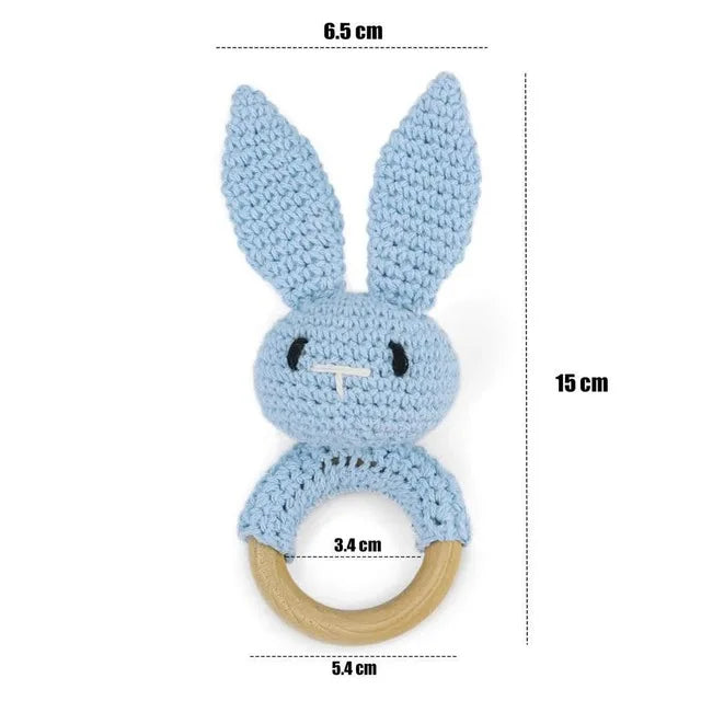 Baby Rattle – Crochet Animal Bear with Wooden Teether Ring | Soft Montessori Pram Toy for Newborns