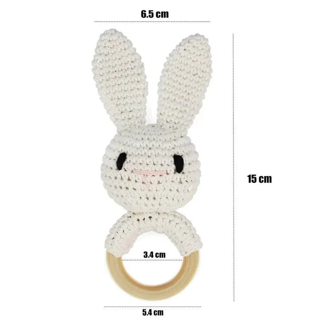 Baby Rattle – Crochet Animal Bear with Wooden Teether Ring | Soft Montessori Pram Toy for Newborns