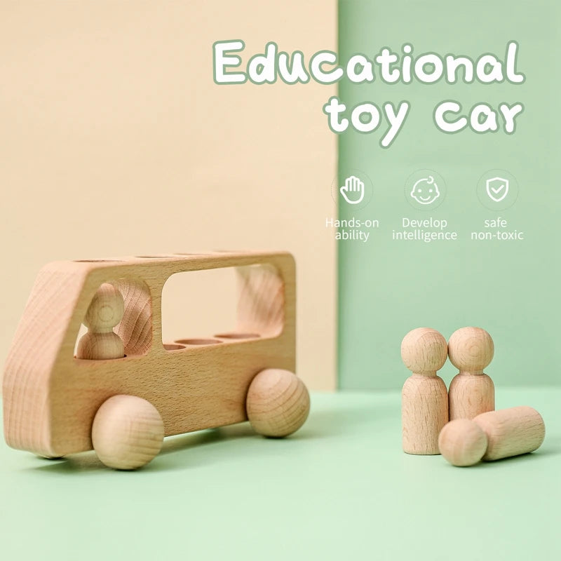 Beech Wood Bus Toy – Montessori Wooden Vehicle for Learning & Teething