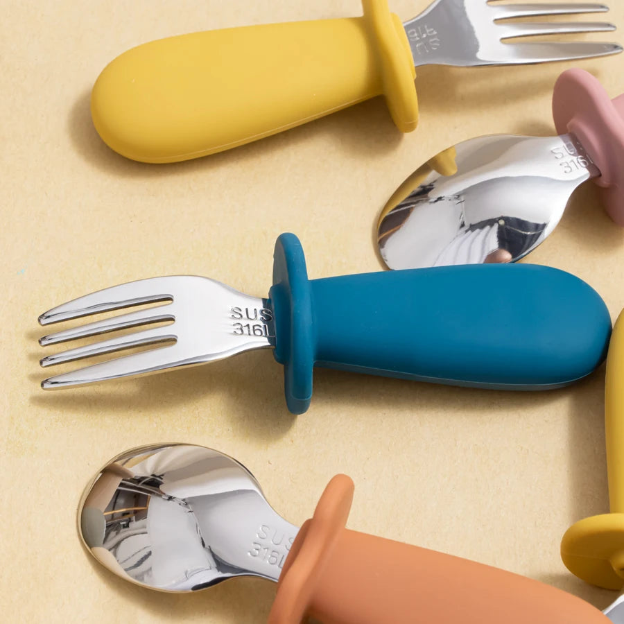 Cartoon Bear Baby Spoon and Fork Set – BPA-Free Silicone & Stainless Steel Utensils for Weaning