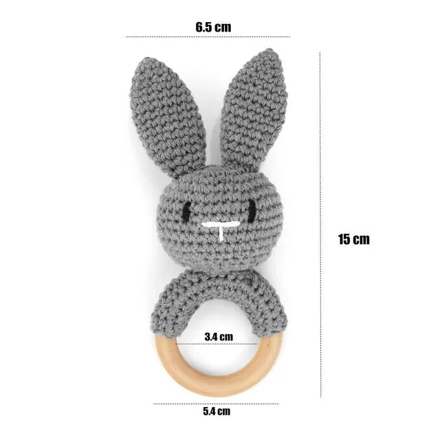Baby Rattle – Crochet Animal Bear with Wooden Teether Ring | Soft Montessori Pram Toy for Newborns