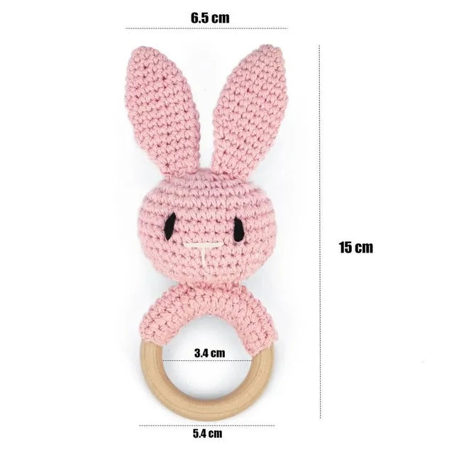 Baby Rattle – Crochet Animal Bear with Wooden Teether Ring | Soft Montessori Pram Toy for Newborns