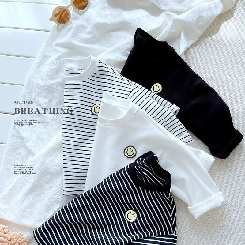 Child Long Sleeve T-Shirt – Korean Style Loose Fit Striped Crewneck for Boys & Girls
