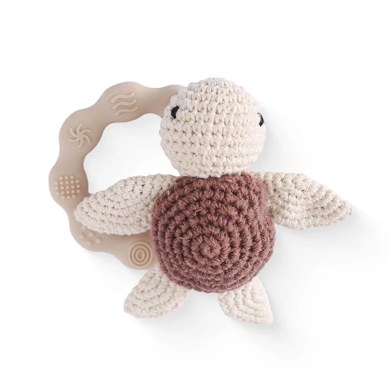 Baby Rattle – Crochet Animal Bear with Wooden Teether Ring | Soft Montessori Pram Toy for Newborns