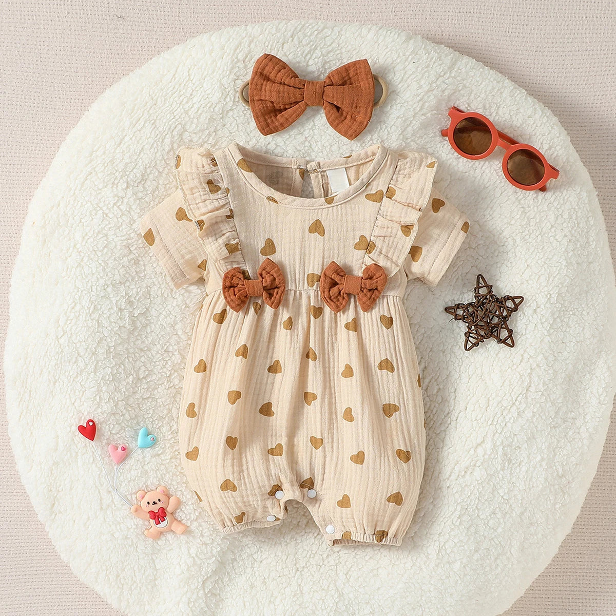 Summer Heart Print Jumpsuit with Bow & Headband – Baby Girl's Streetwear for 0–9M