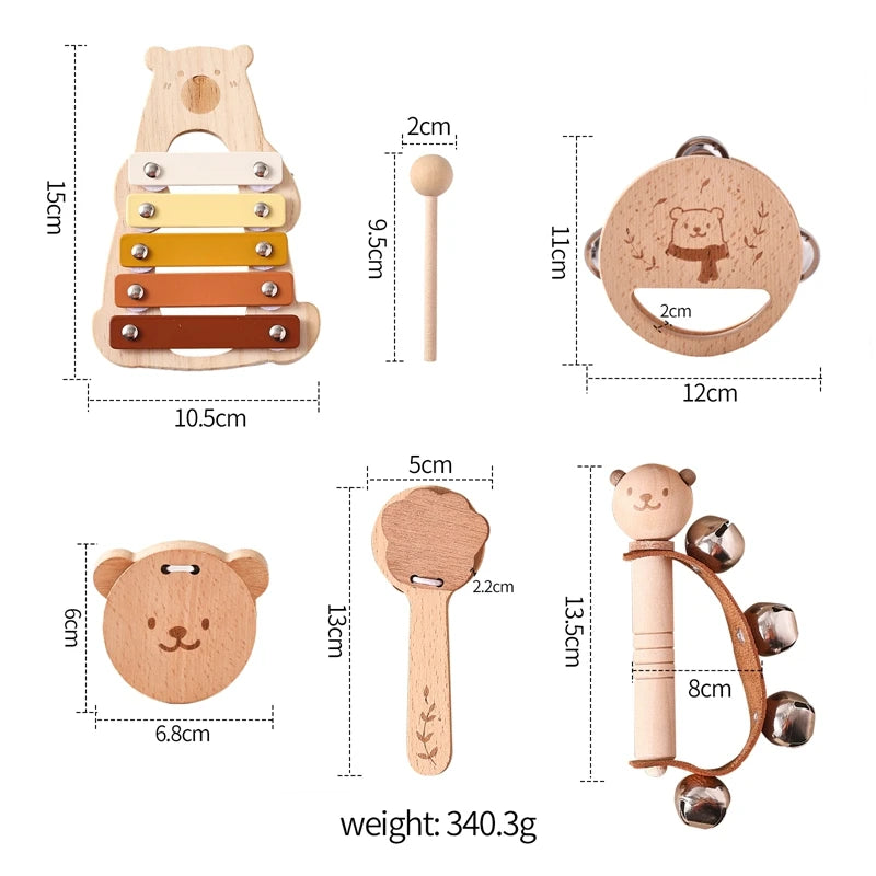 Montessori Musical Instruments Toy Set – Wooden Rattle, Drum, and Xylophone for Babies and Toddlers