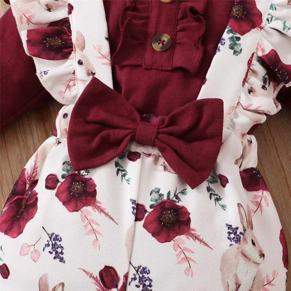 Baby Girl 3PCS Outfit – Floral Romper, Strap Pants & Headband Set (0–24M)