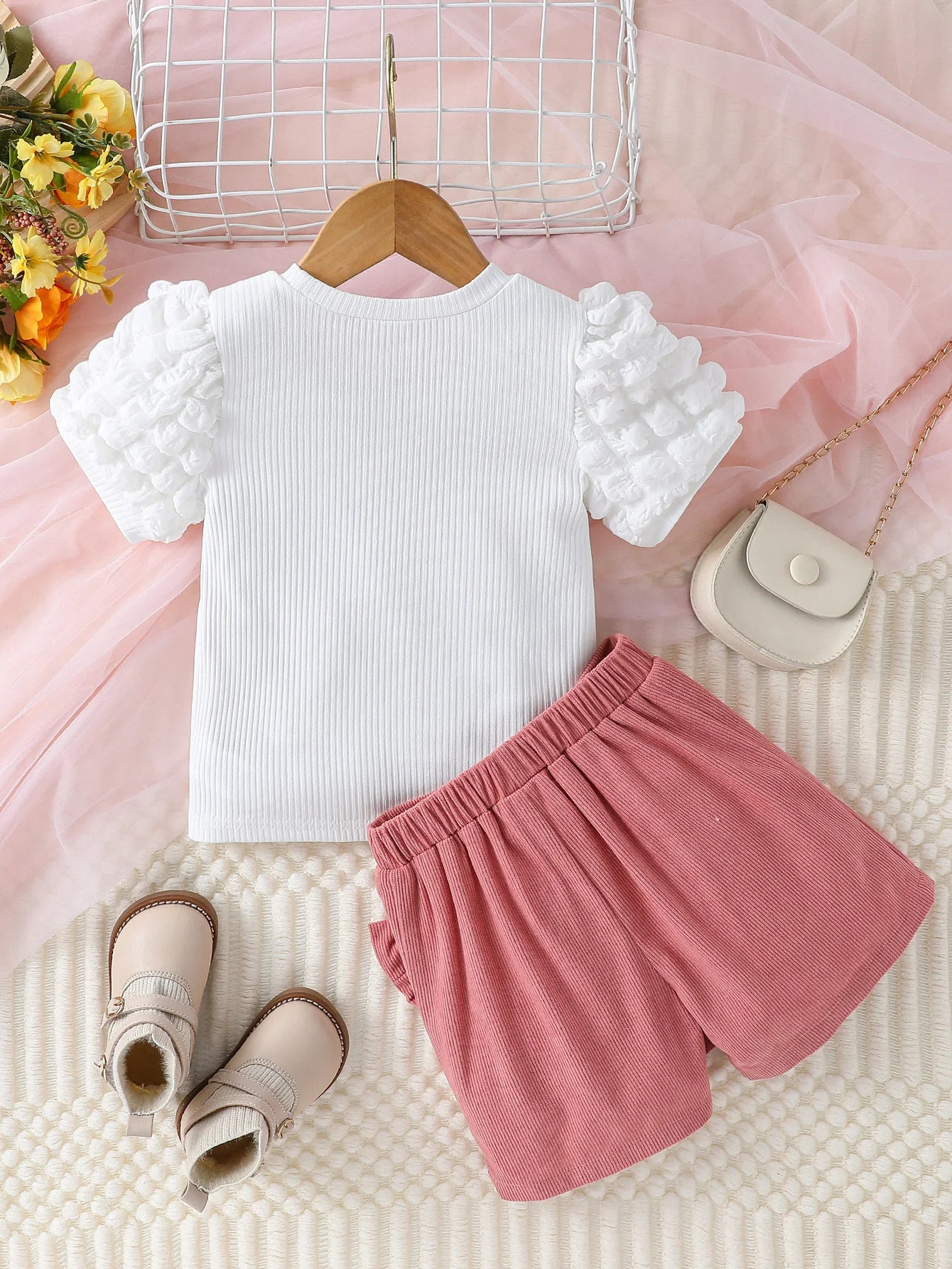 Toddler Girl Puff Sleeve Heart Top & Pink Shorts Set – Summer Outfit for 1–6 Years