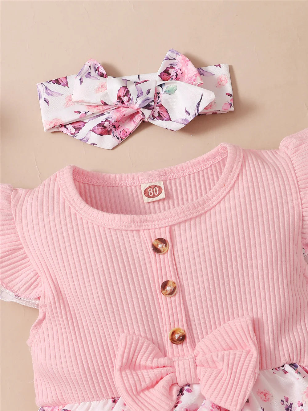Baby Girl Floral Romper Dress Set – 2PCS Summer Outfit with Headband (0–18 Months)