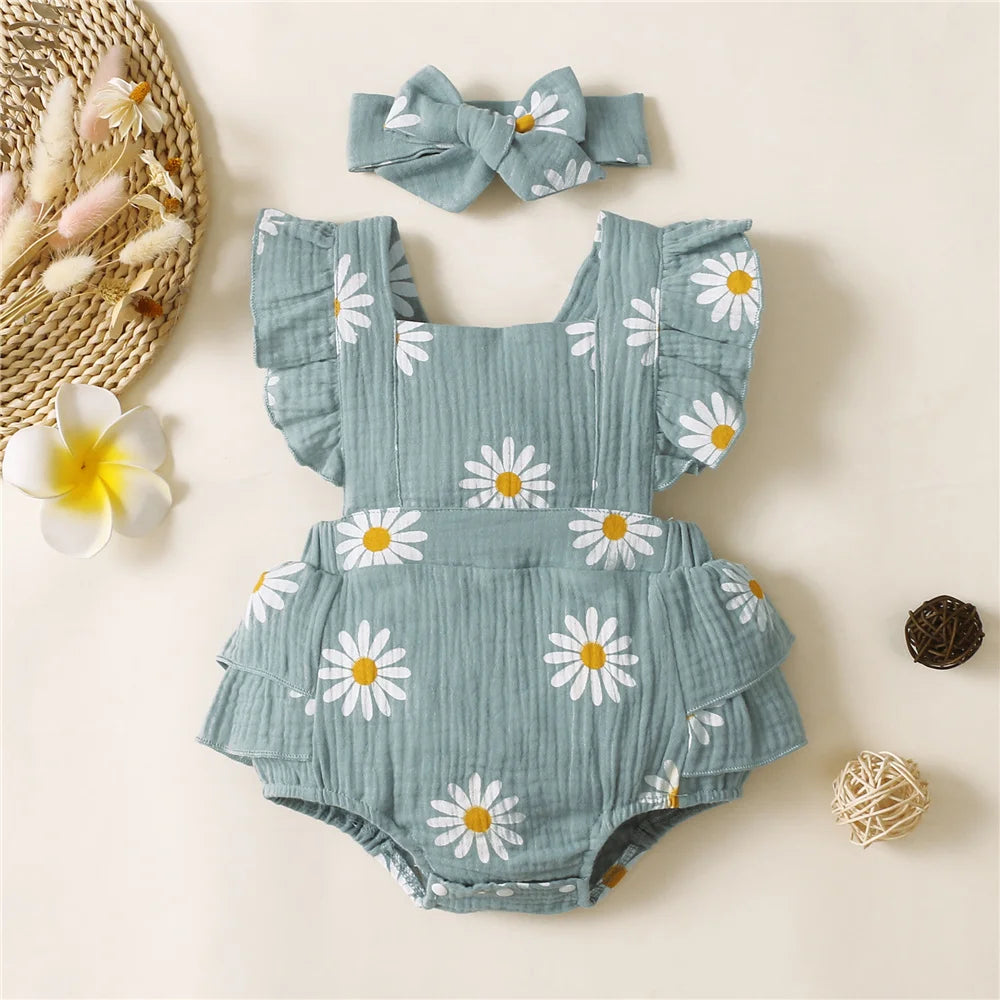 Baby Girl Summer Romper with Headband – Ruffle Sleeveless Bodysuit (0–1Y)