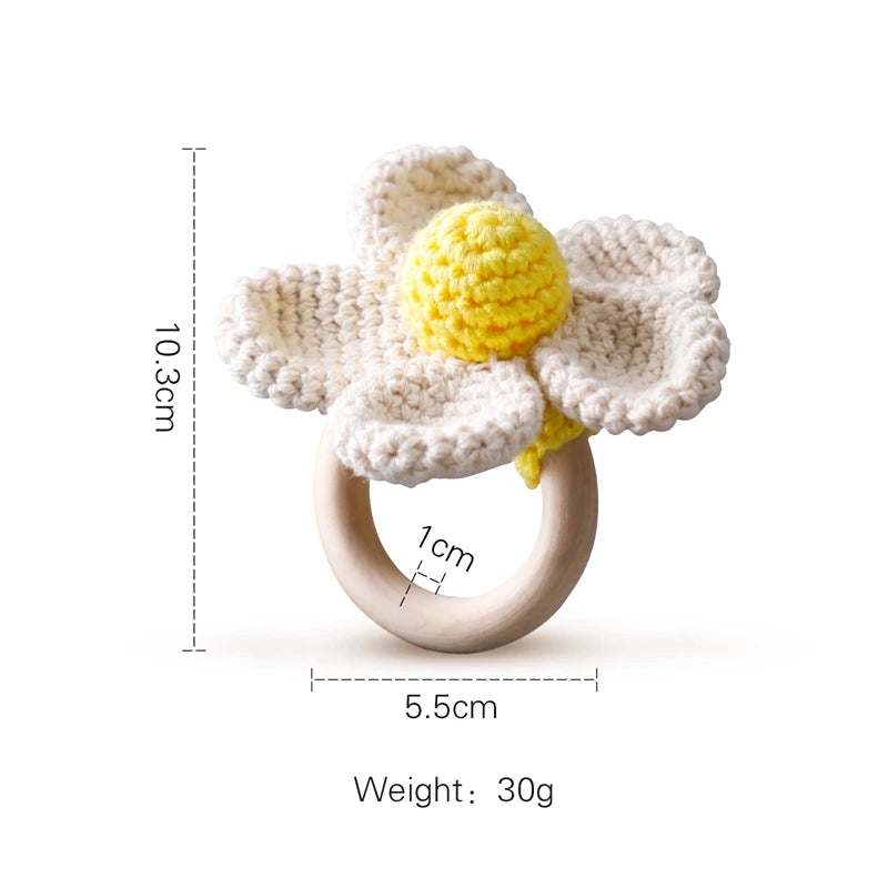 Baby Rattle – Crochet Animal Bear with Wooden Teether Ring | Soft Montessori Pram Toy for Newborns