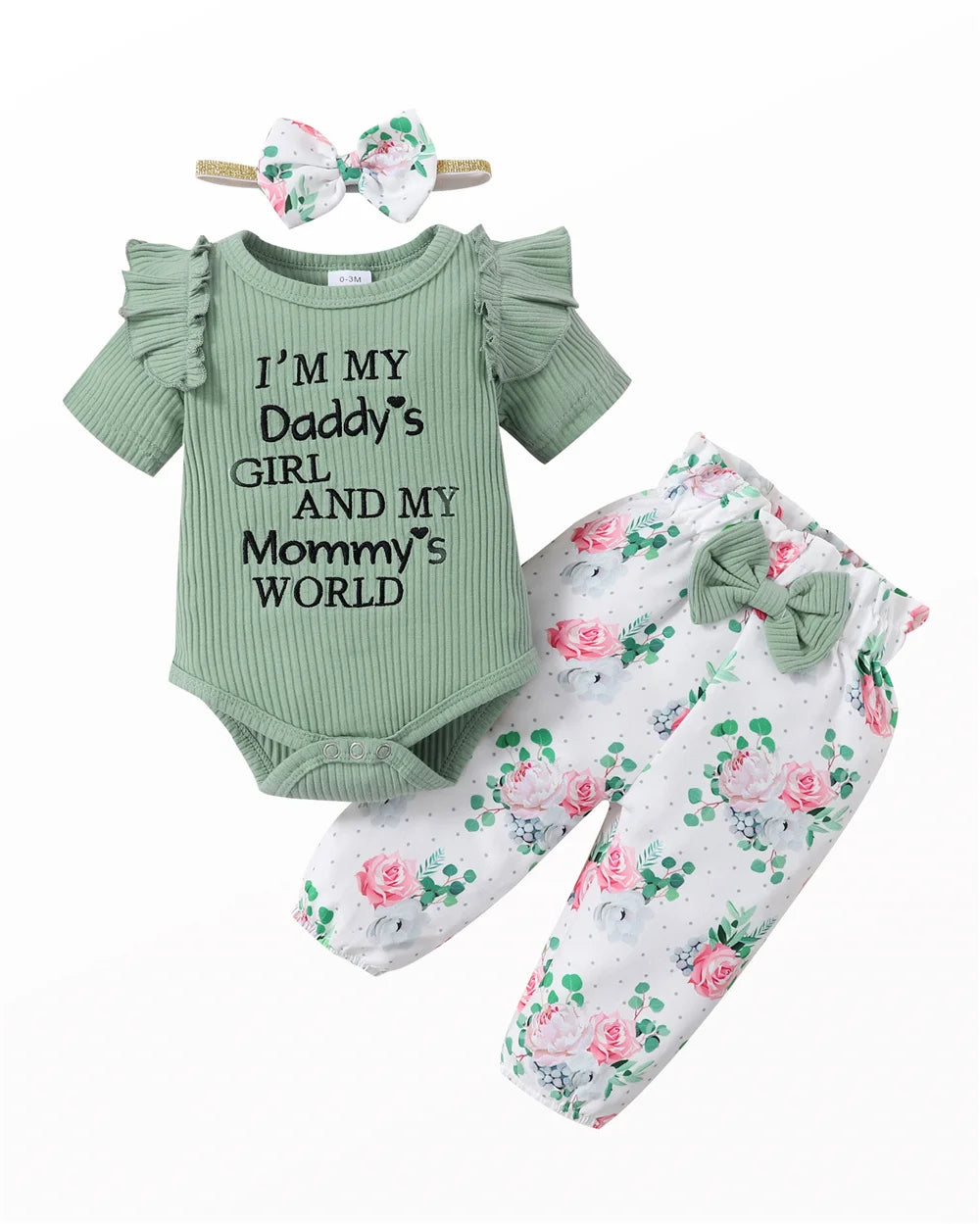 3PCS Summer Baby Girl Outfit – Letter Romper, Floral Pants & Bow Headband Set