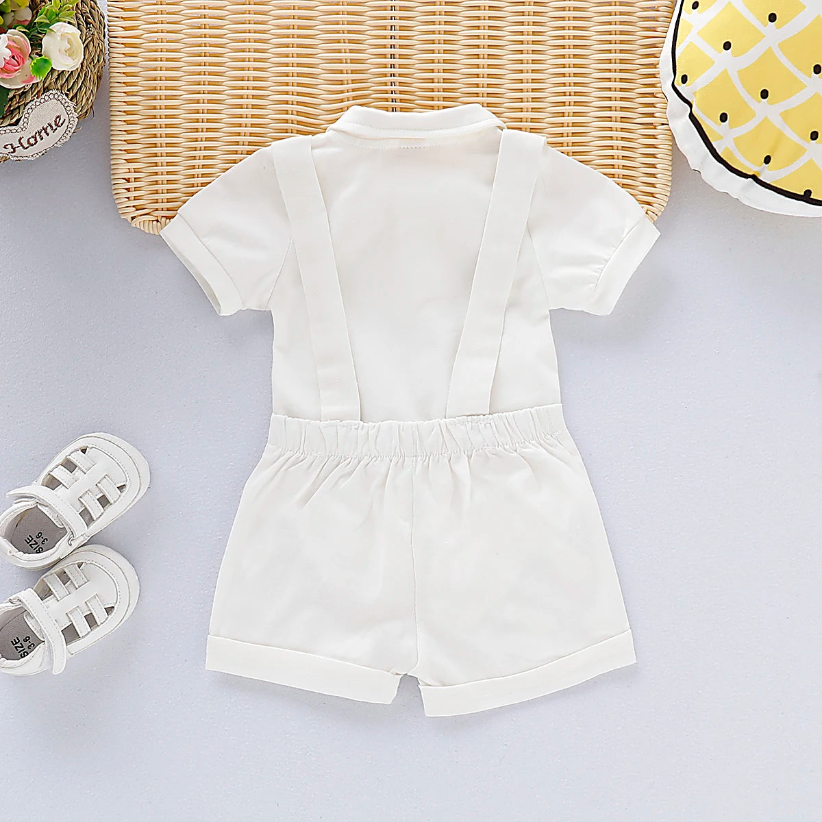 Baby Boy Summer Gentleman Outfit – Bowtie Romper & Suspender Pants Set (0–24M)