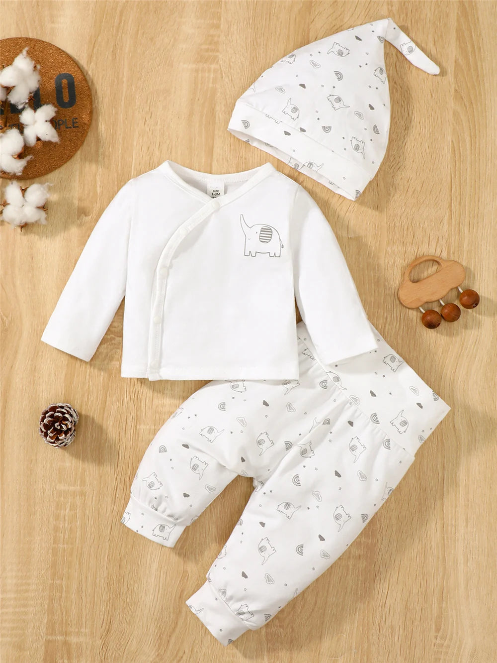 3PCS Elephant Baby Outfit with Hat – Long Sleeve Top and Pants for 0–9 Months