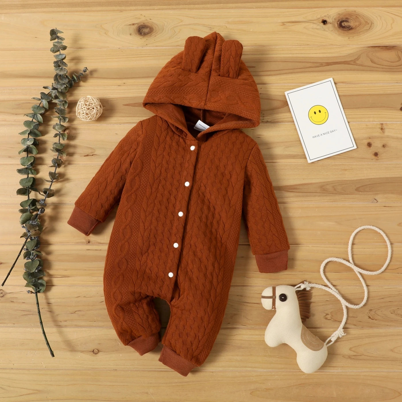 Baby Hooded Romper with Ears – Warm Winter Jumpsuit for Boys & Girls (0–12 Months)