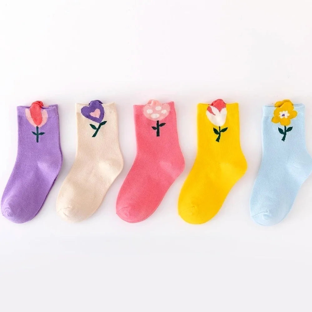 5 Pairs Girls Floral Socks – Cute Breathable Cartoon Flower Pattern Kids Socks for 1–12Y