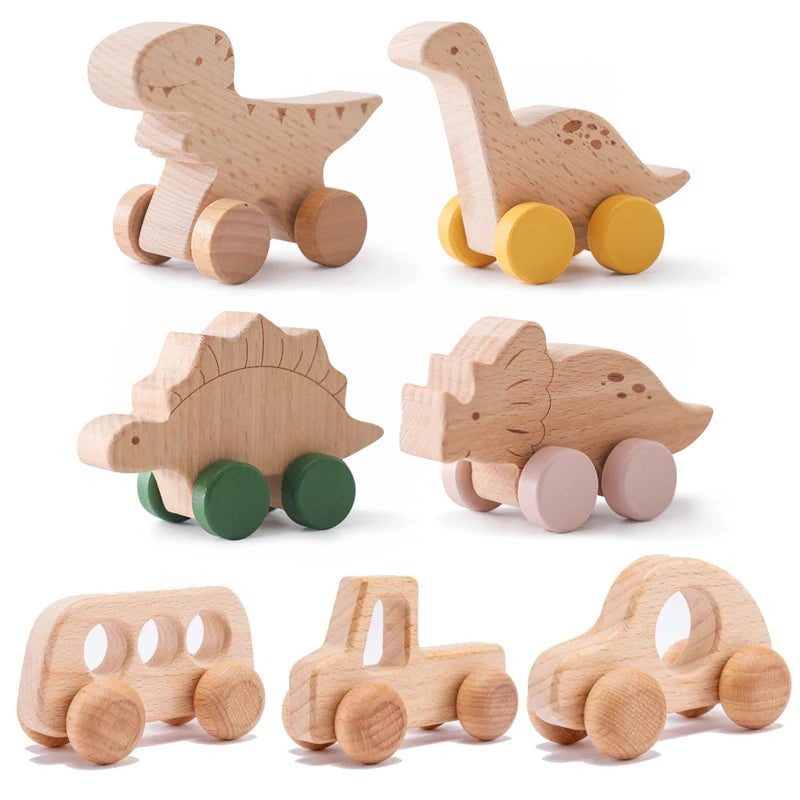 Wooden Dinosaur Car Teether – Montessori Educational Toy for Teething Babies