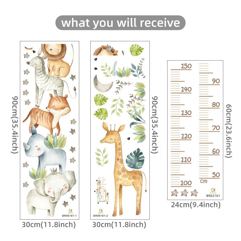 3PC Cartoon Animal Height Ruler Wall Stickers – Removable Waterproof PVC for Kids Room Décor