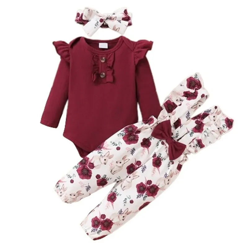 Baby Girl 3PCS Outfit – Floral Romper, Strap Pants & Headband Set (0–24M)