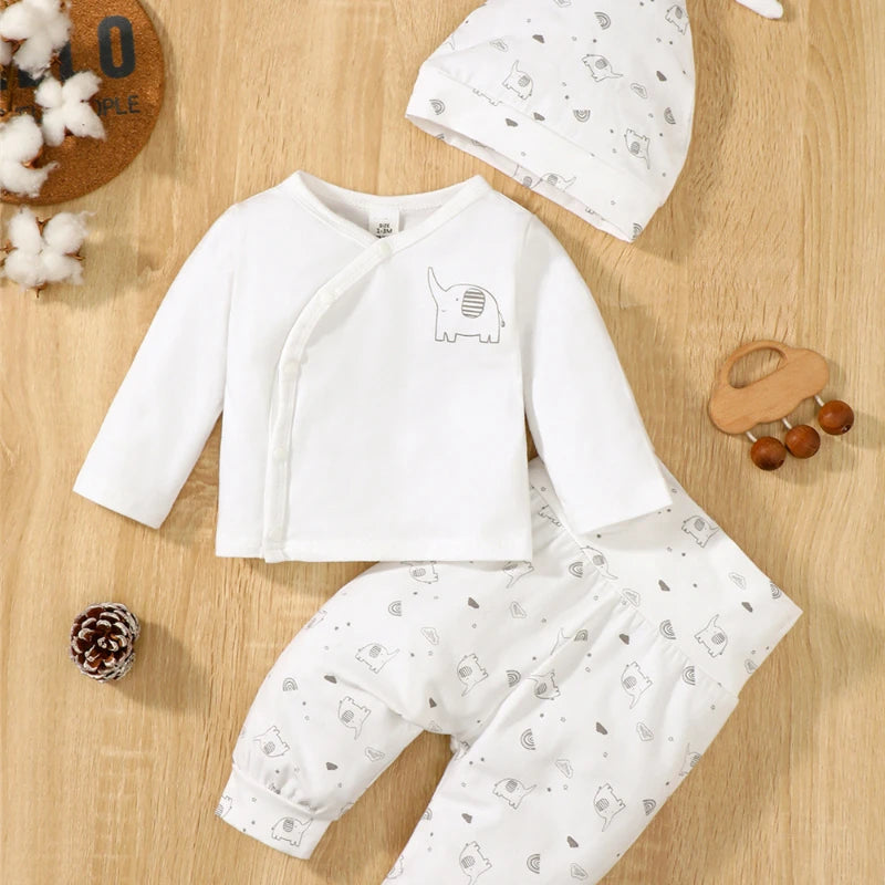 3PCS Elephant Baby Outfit with Hat – Long Sleeve Top and Pants for 0–9 Months