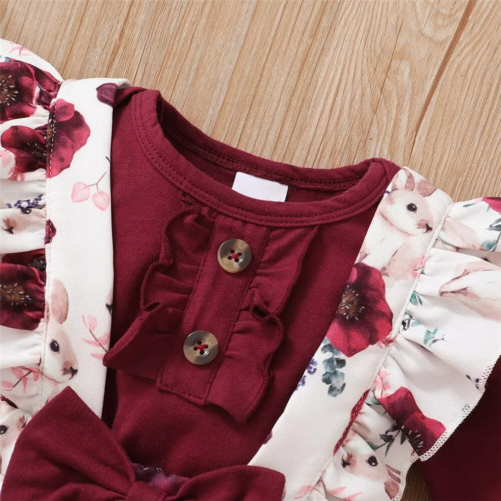 Baby Girl 3PCS Outfit – Floral Romper, Strap Pants & Headband Set (0–24M)